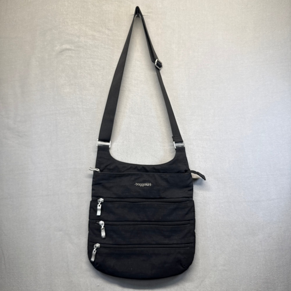 Baggallini Crossbody Bag Women Black Nylon Triple Zip Pocket Travel Purse
